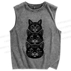 Unisex Black Cat Printed Washed Tank Top