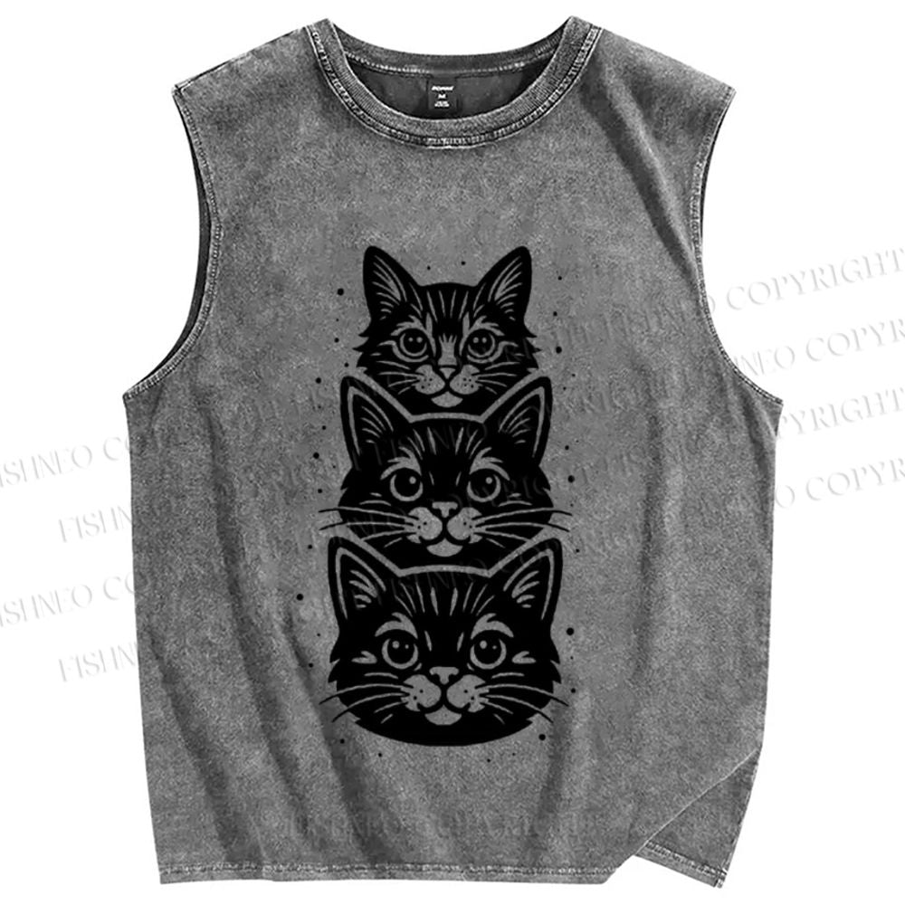 Unisex Black Cat Printed Washed Tank Top