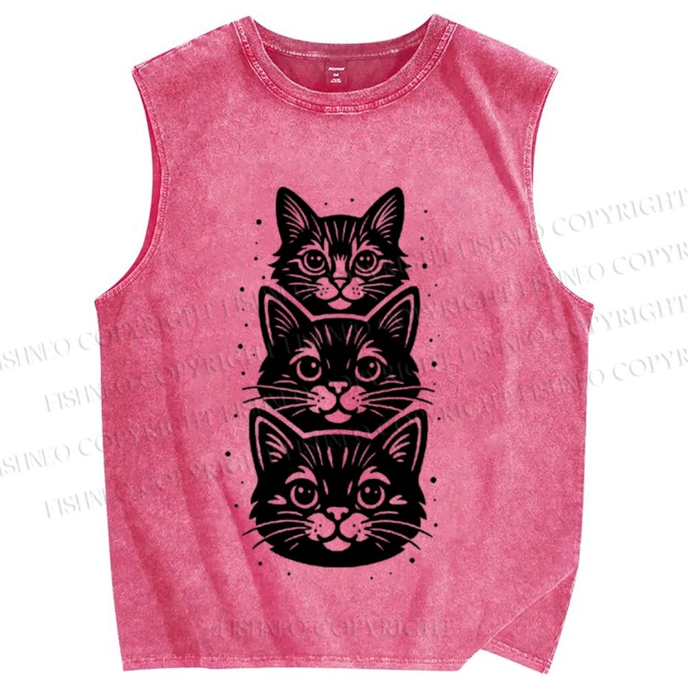 Unisex Black Cat Printed Washed Tank Top