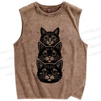 Unisex Black Cat Printed Washed Tank Top