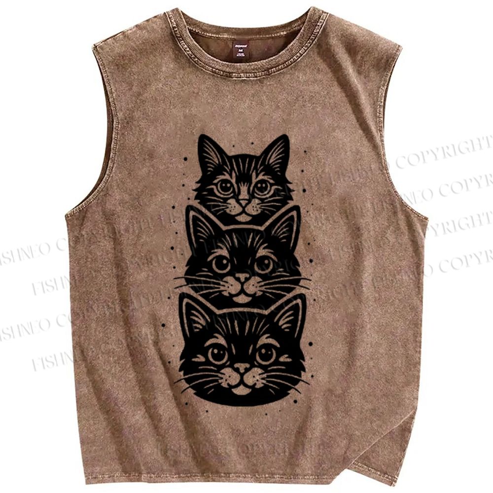 Unisex Black Cat Printed Washed Tank Top