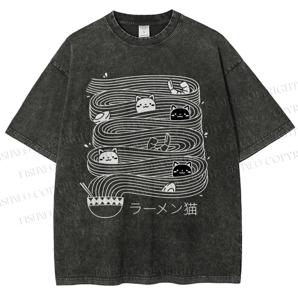 Unisex Ramen Lines Minimalist Cat Printed Washed Tee