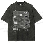 Unisex Ramen Lines Minimalist Cat Printed Washed Tee