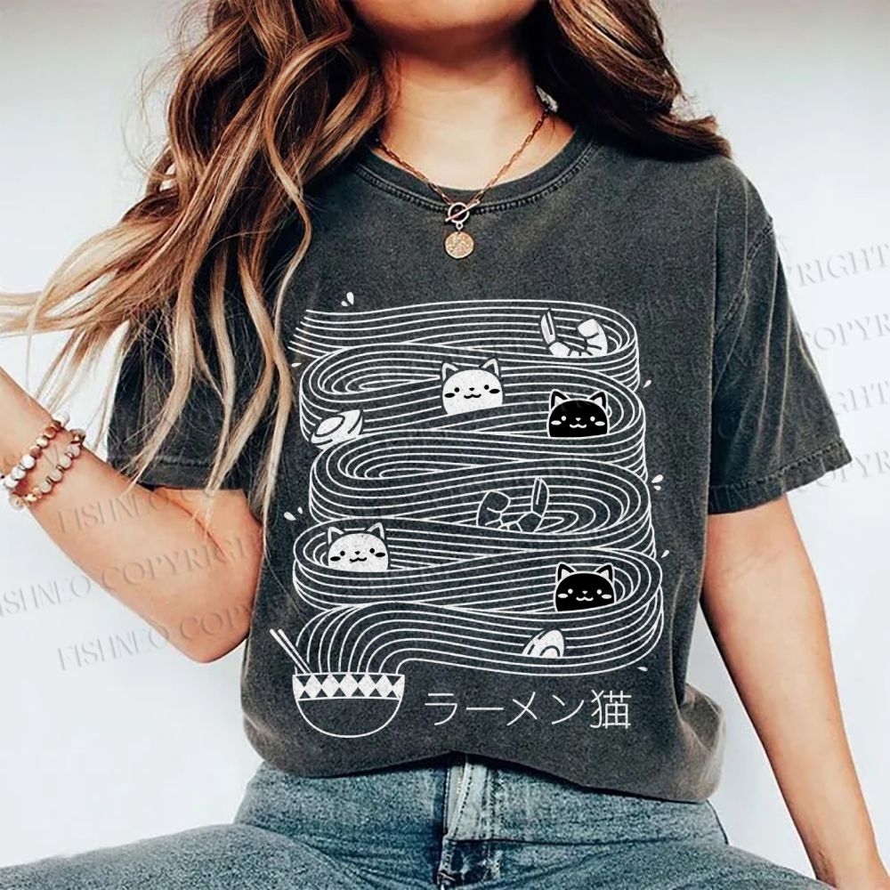 Unisex Ramen Lines Minimalist Cat Printed Washed Tee