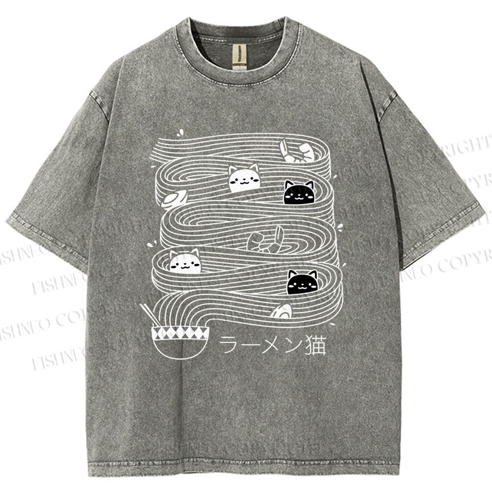 Unisex Ramen Lines Minimalist Cat Printed Washed Tee