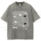 Unisex Ramen Lines Minimalist Cat Printed Washed Tee