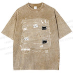 Unisex Ramen Lines Minimalist Cat Printed Washed Tee