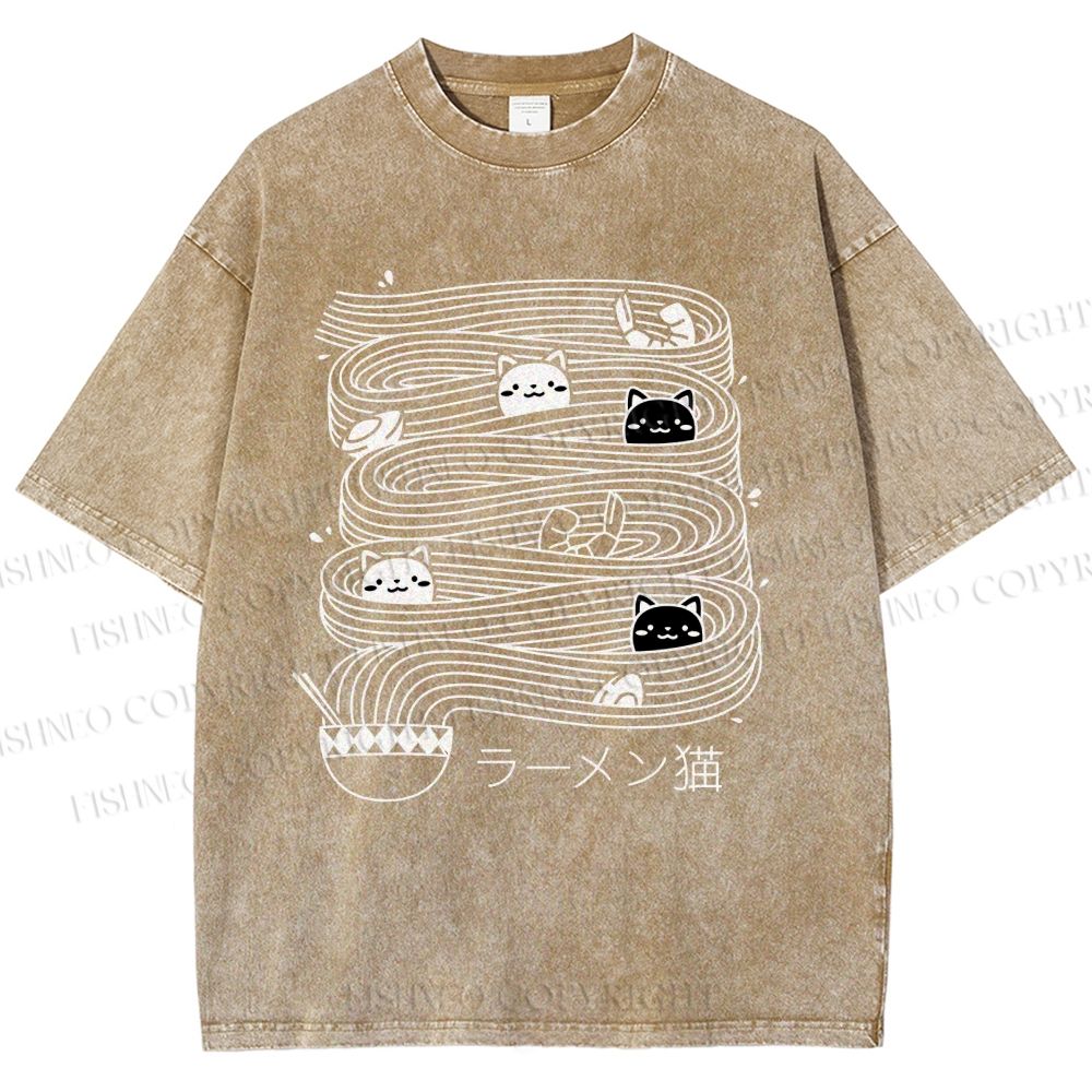 Unisex Ramen Lines Minimalist Cat Printed Washed Tee