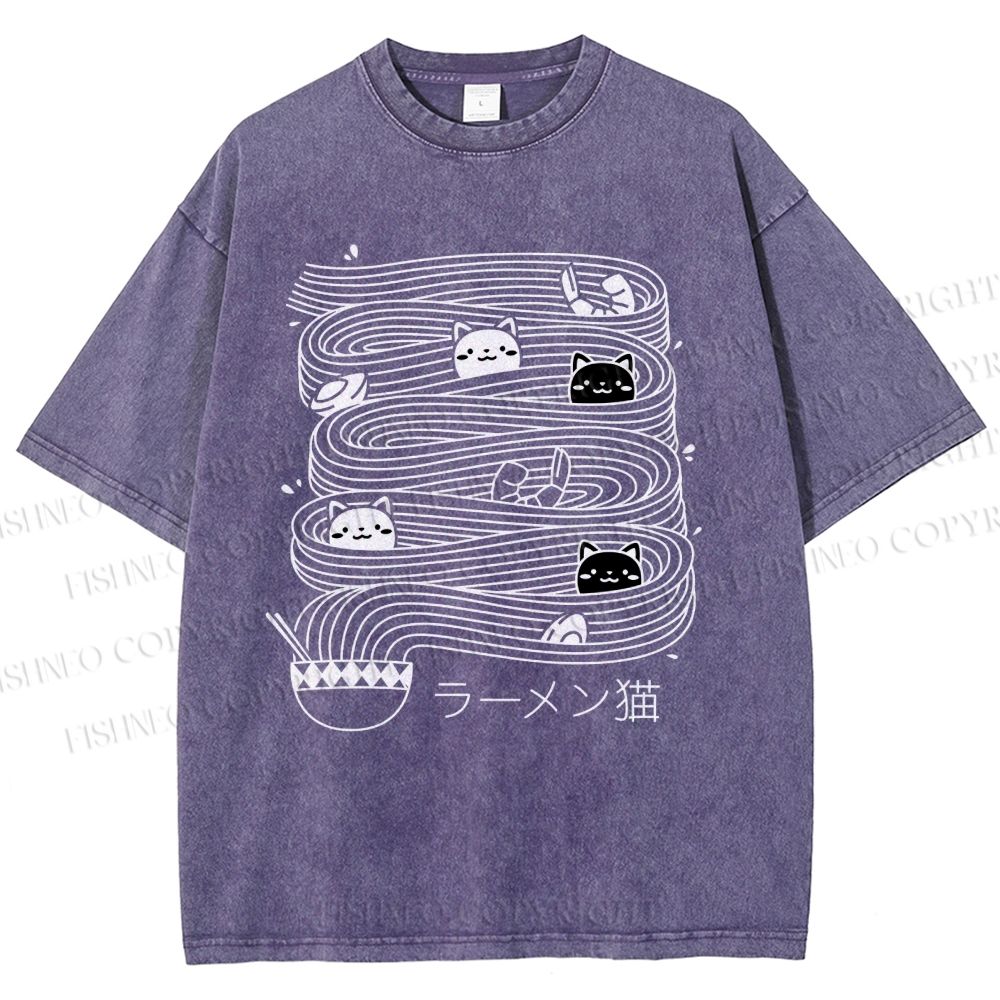 Unisex Ramen Lines Minimalist Cat Printed Washed Tee