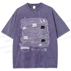Unisex Ramen Lines Minimalist Cat Printed Washed Tee
