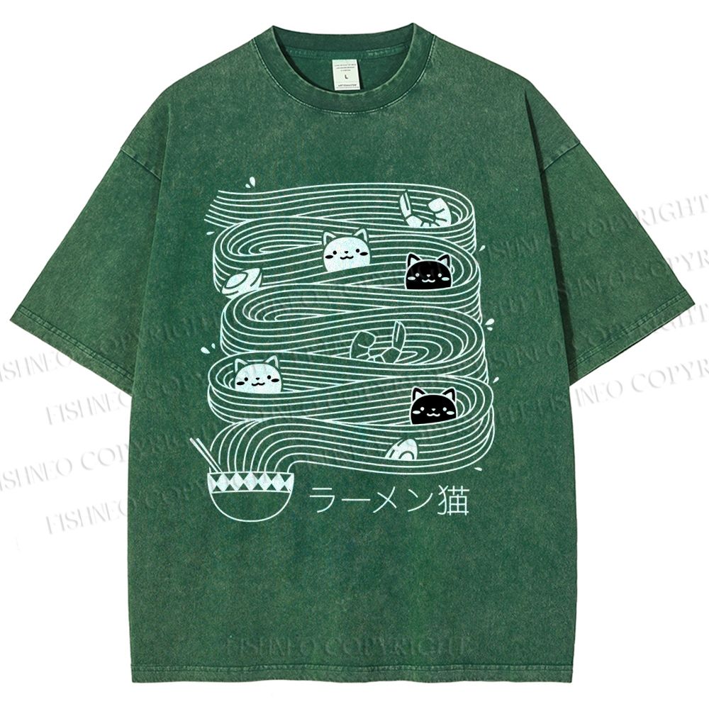Unisex Ramen Lines Minimalist Cat Printed Washed Tee