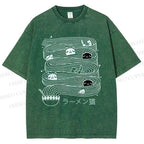Unisex Ramen Lines Minimalist Cat Printed Washed Tee