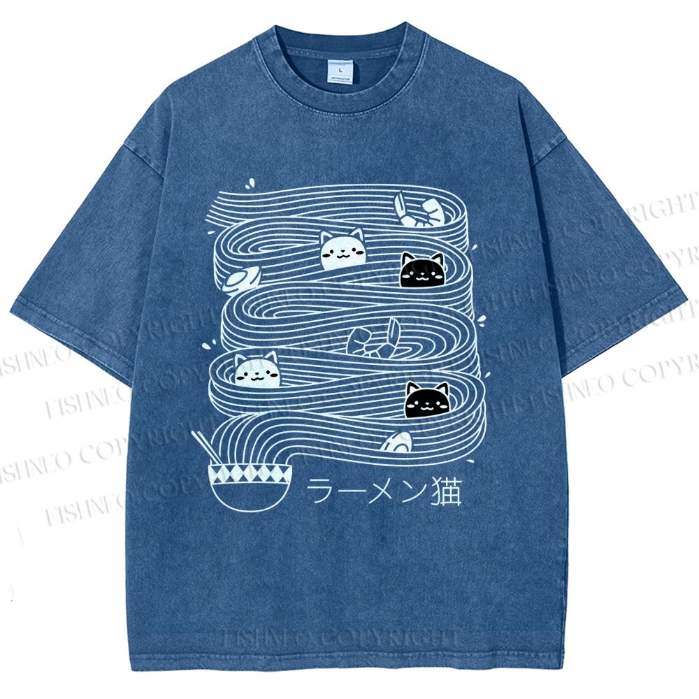 Unisex Ramen Lines Minimalist Cat Printed Washed Tee