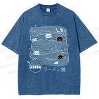 Unisex Ramen Lines Minimalist Cat Printed Washed Tee