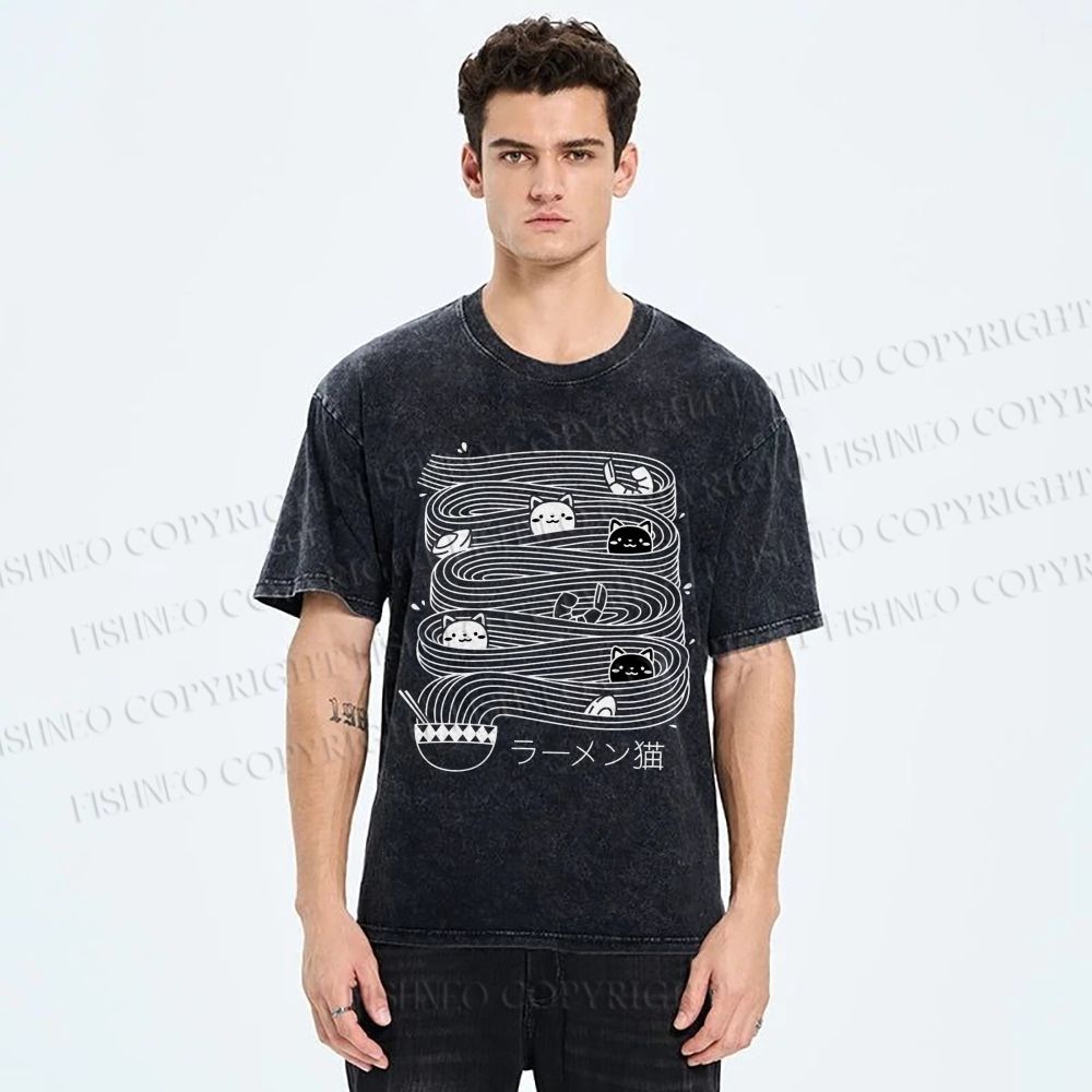Unisex Ramen Lines Minimalist Cat Printed Washed Tee