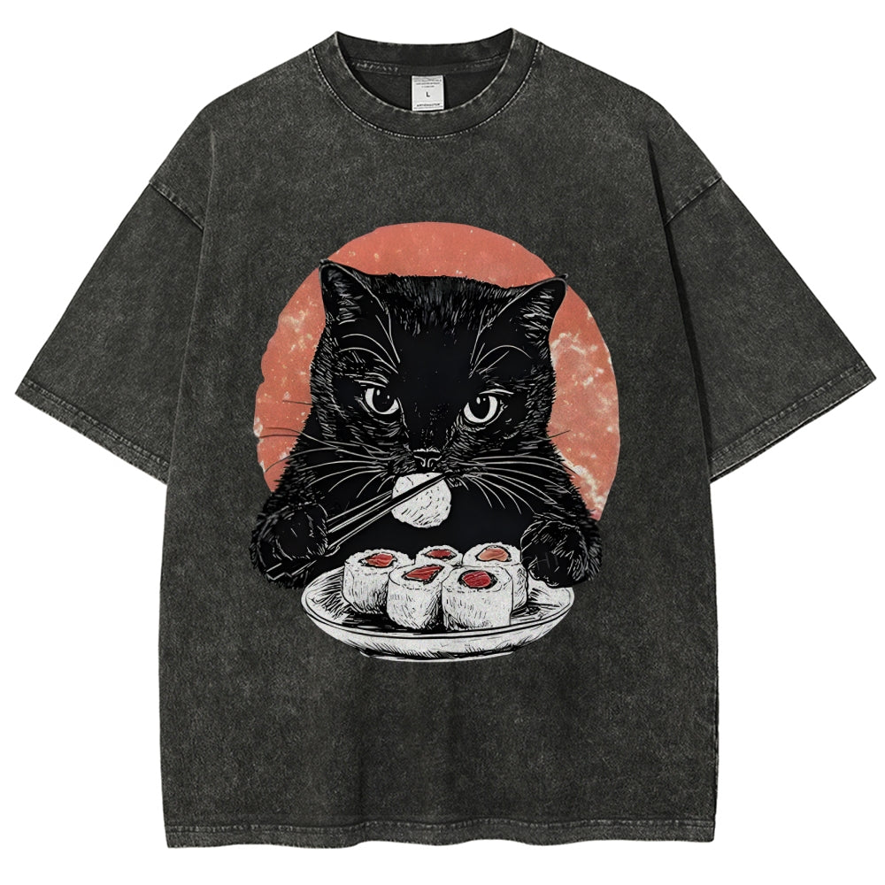 Cat Eating Delicious Sushi Washed T-Shirt