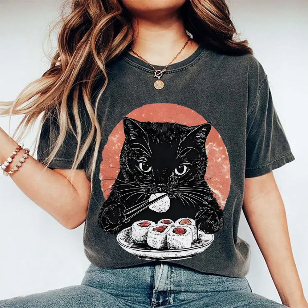 Cat Eating Delicious Sushi Washed T-Shirt