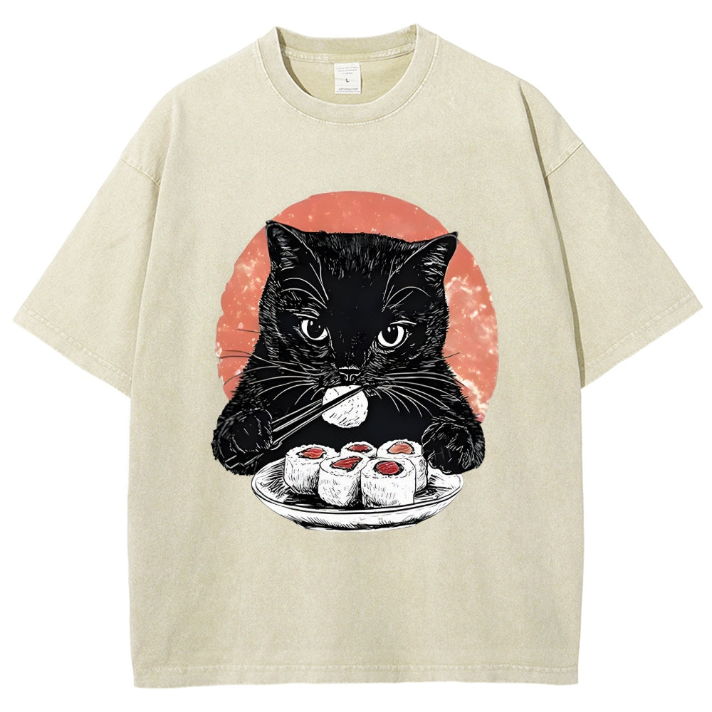 Cat Eating Delicious Sushi Washed T-Shirt