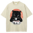 Cat Eating Delicious Sushi Washed T-Shirt