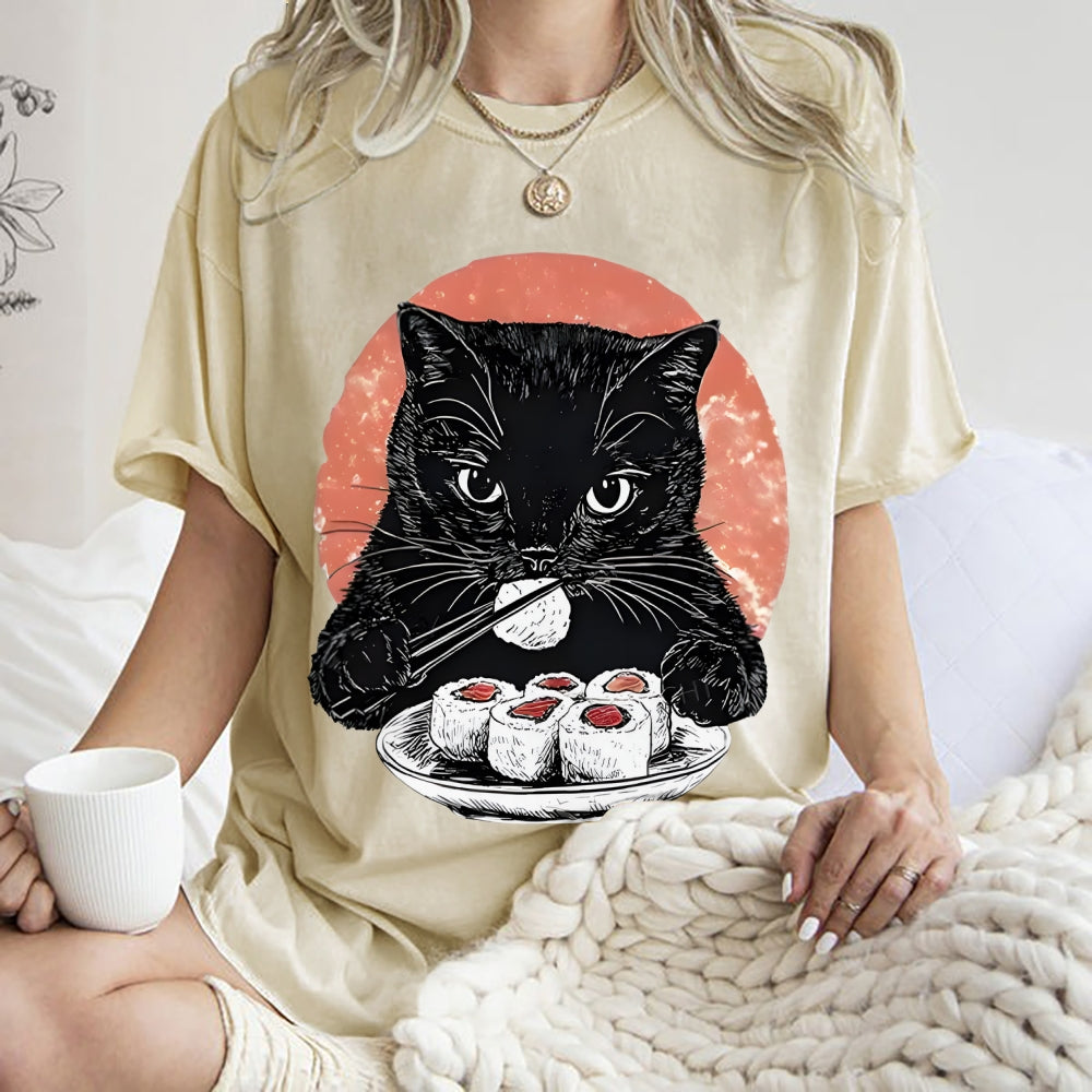 Cat Eating Delicious Sushi Washed T-Shirt