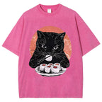 Cat Eating Delicious Sushi Washed T-Shirt