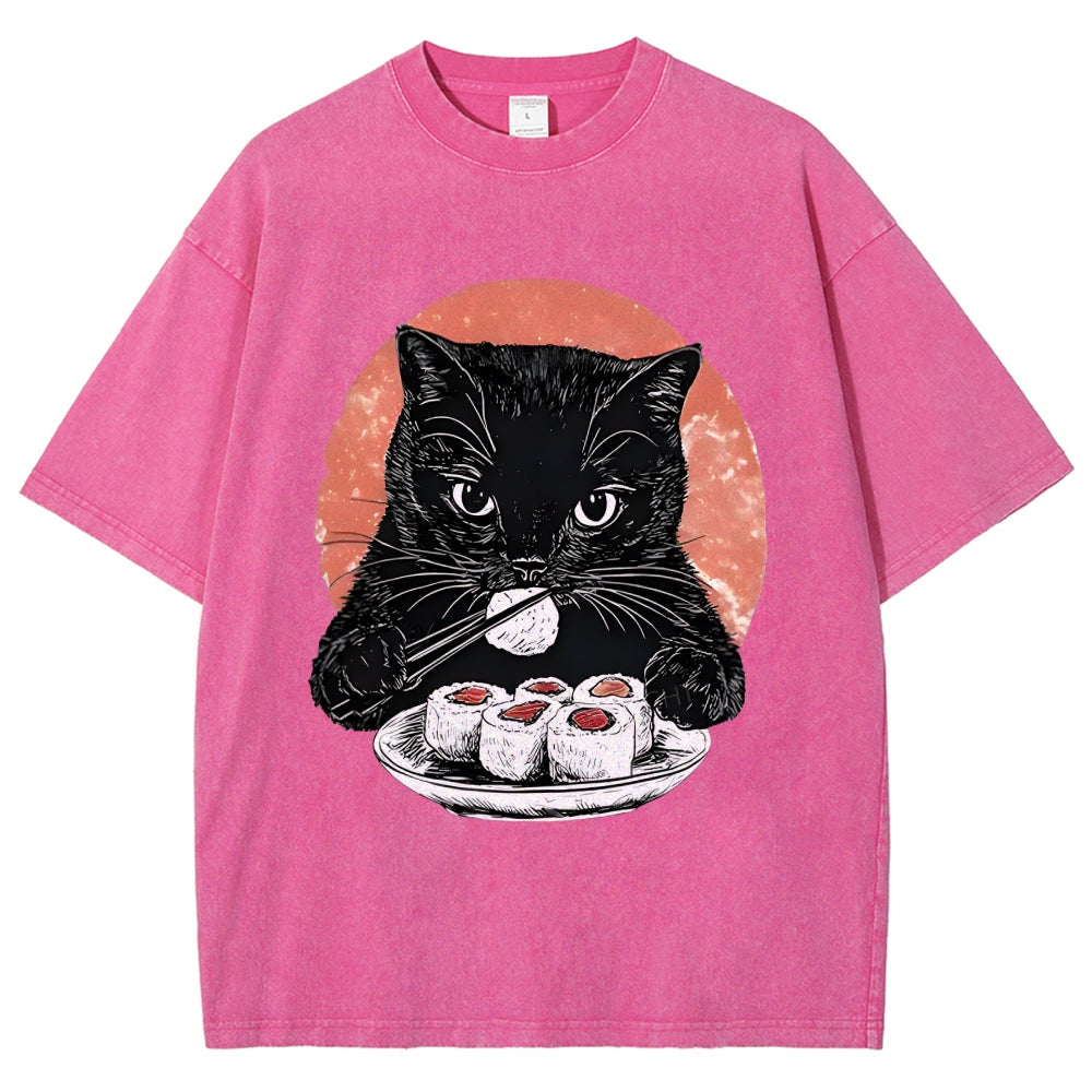 Cat Eating Delicious Sushi Washed T-Shirt
