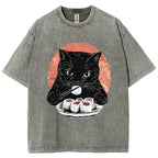 Cat Eating Delicious Sushi Washed T-Shirt