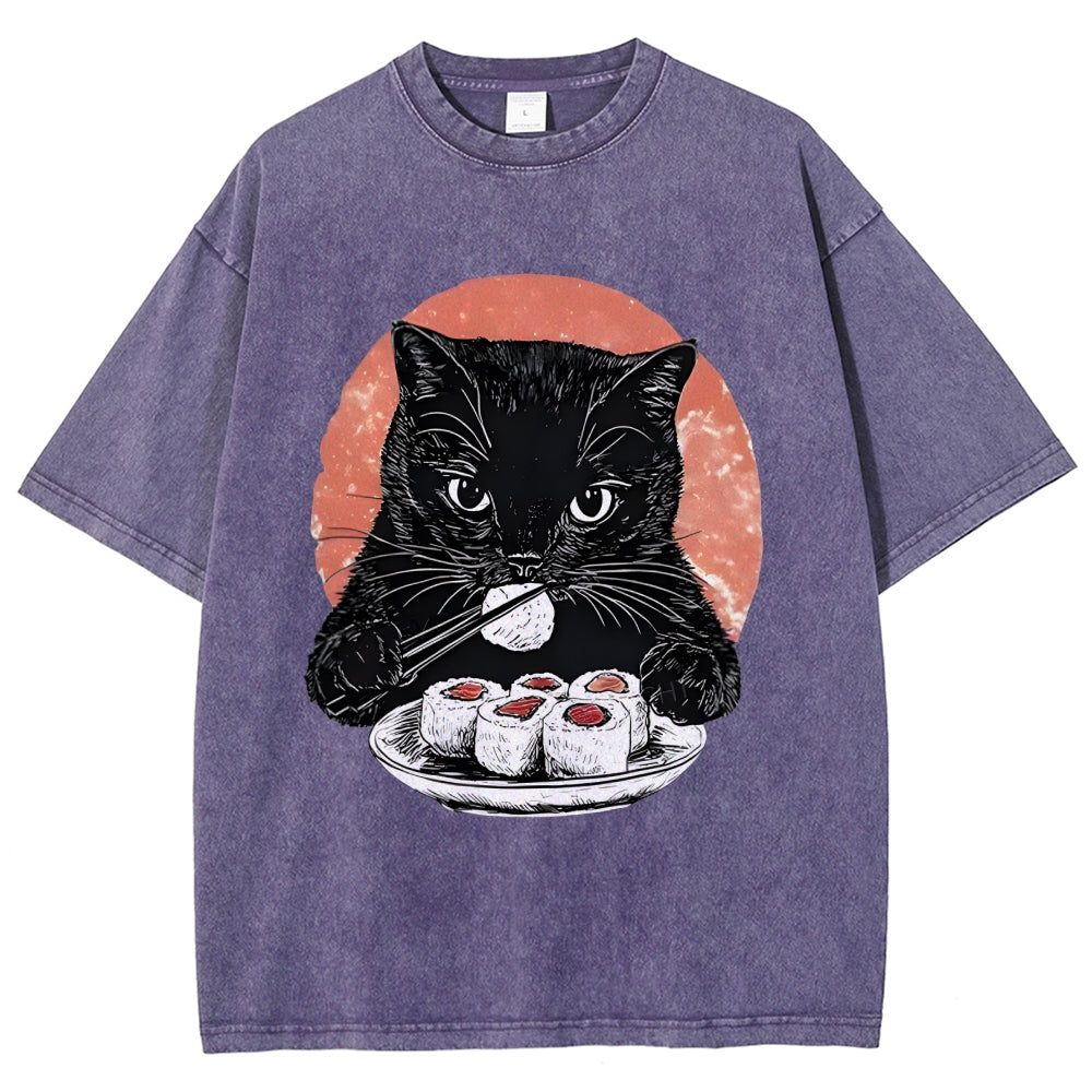 Cat Eating Delicious Sushi Washed T-Shirt