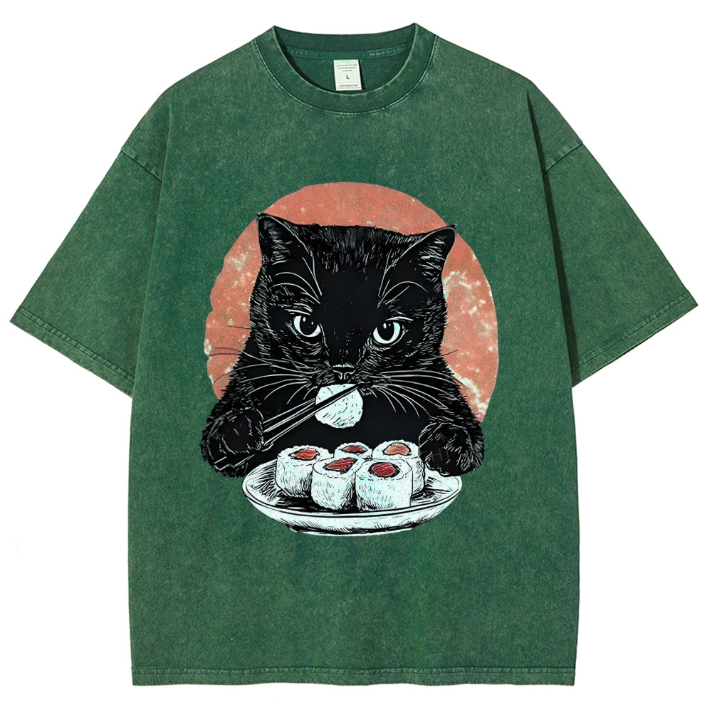 Cat Eating Delicious Sushi Washed T-Shirt