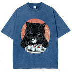 Cat Eating Delicious Sushi Washed T-Shirt