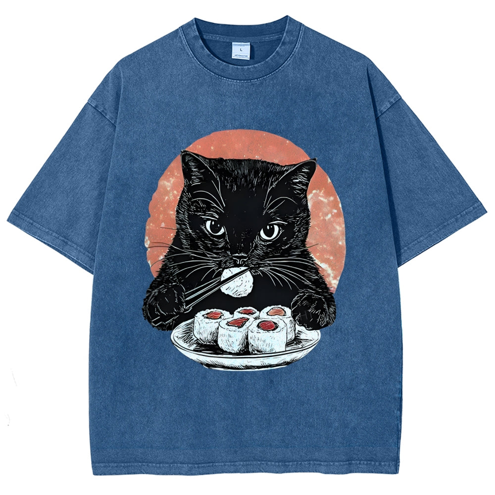 Cat Eating Delicious Sushi Washed T-Shirt