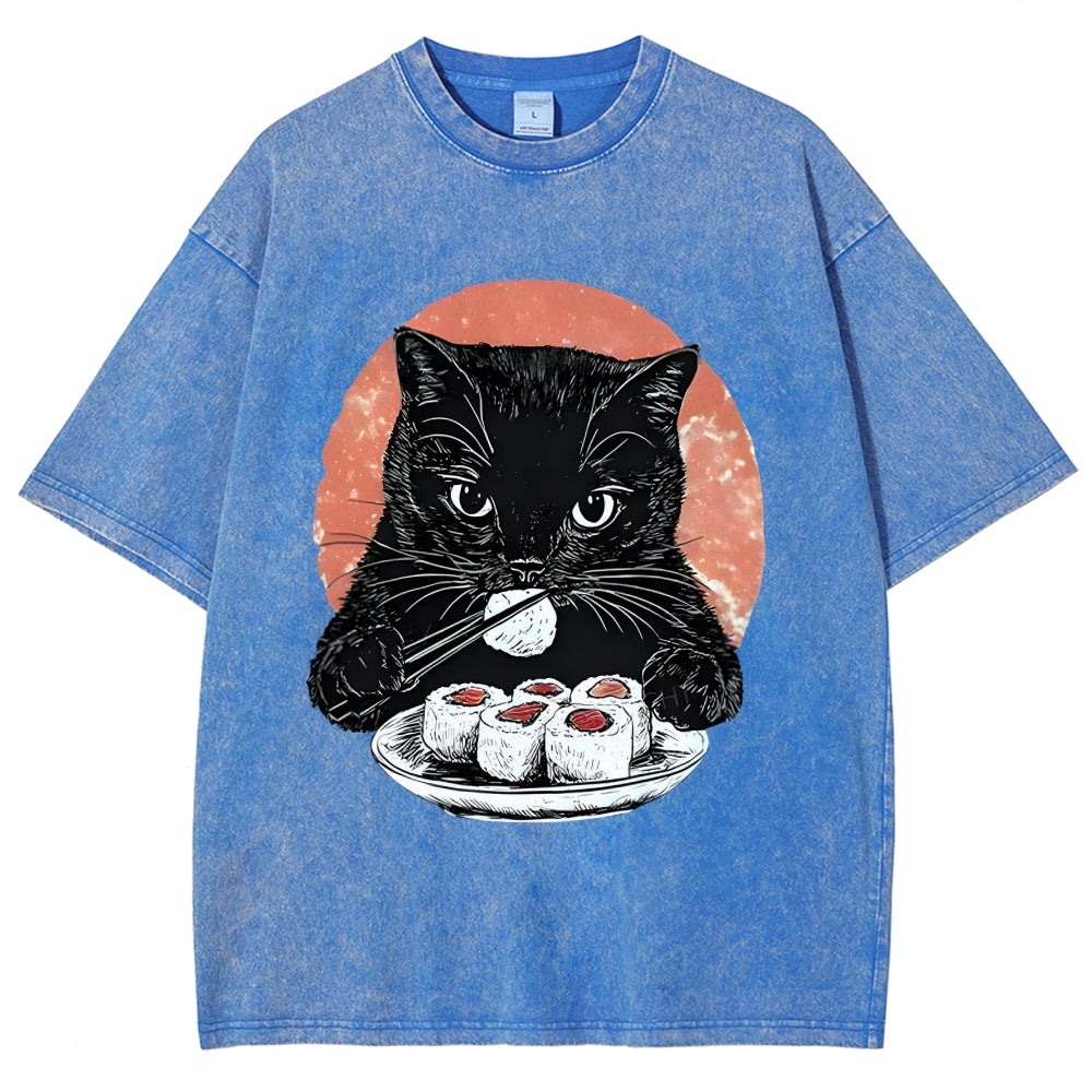 Cat Eating Delicious Sushi Washed T-Shirt
