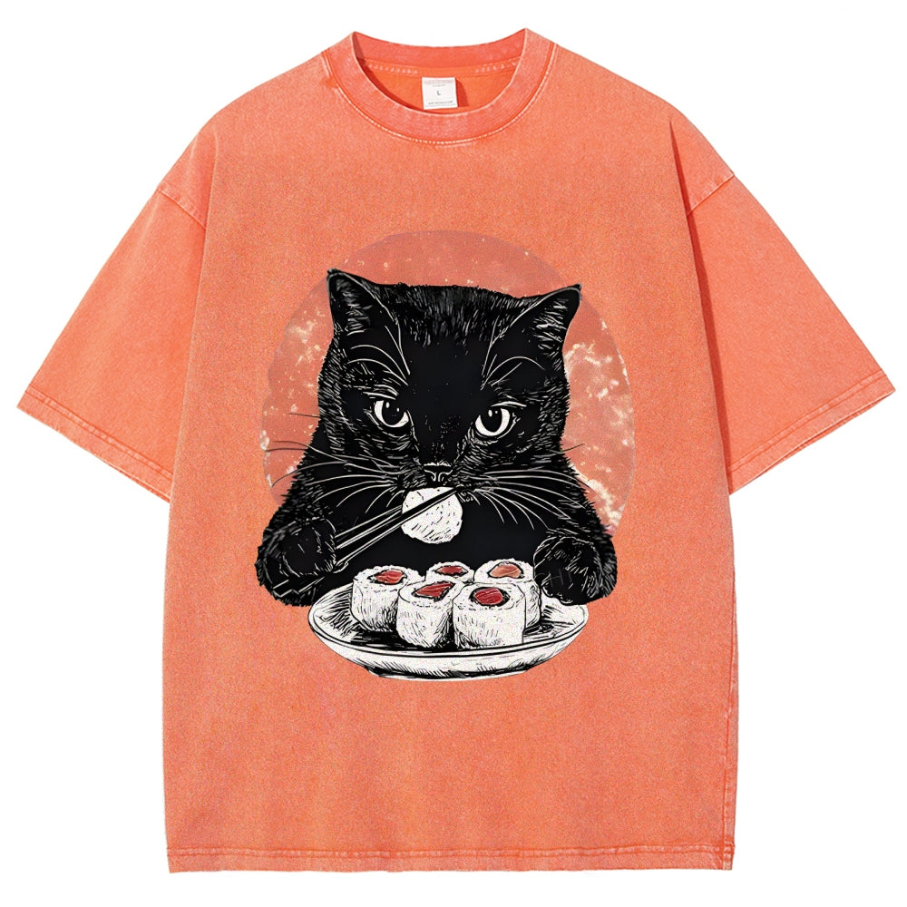 Cat Eating Delicious Sushi Washed T-Shirt