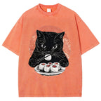 Cat Eating Delicious Sushi Washed T-Shirt