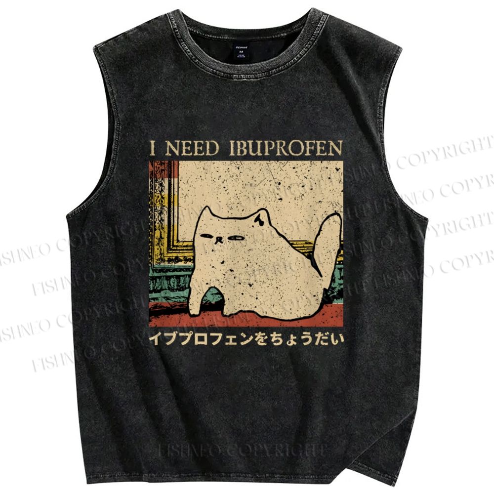 Unisex I Need Ibuprofen Cat Printed Washed Tank Top
