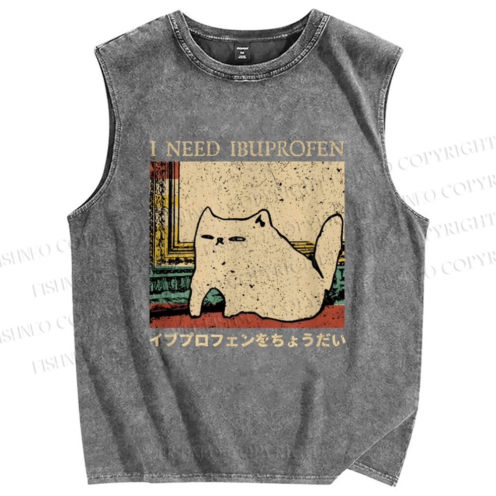Unisex I Need Ibuprofen Cat Printed Washed Tank Top