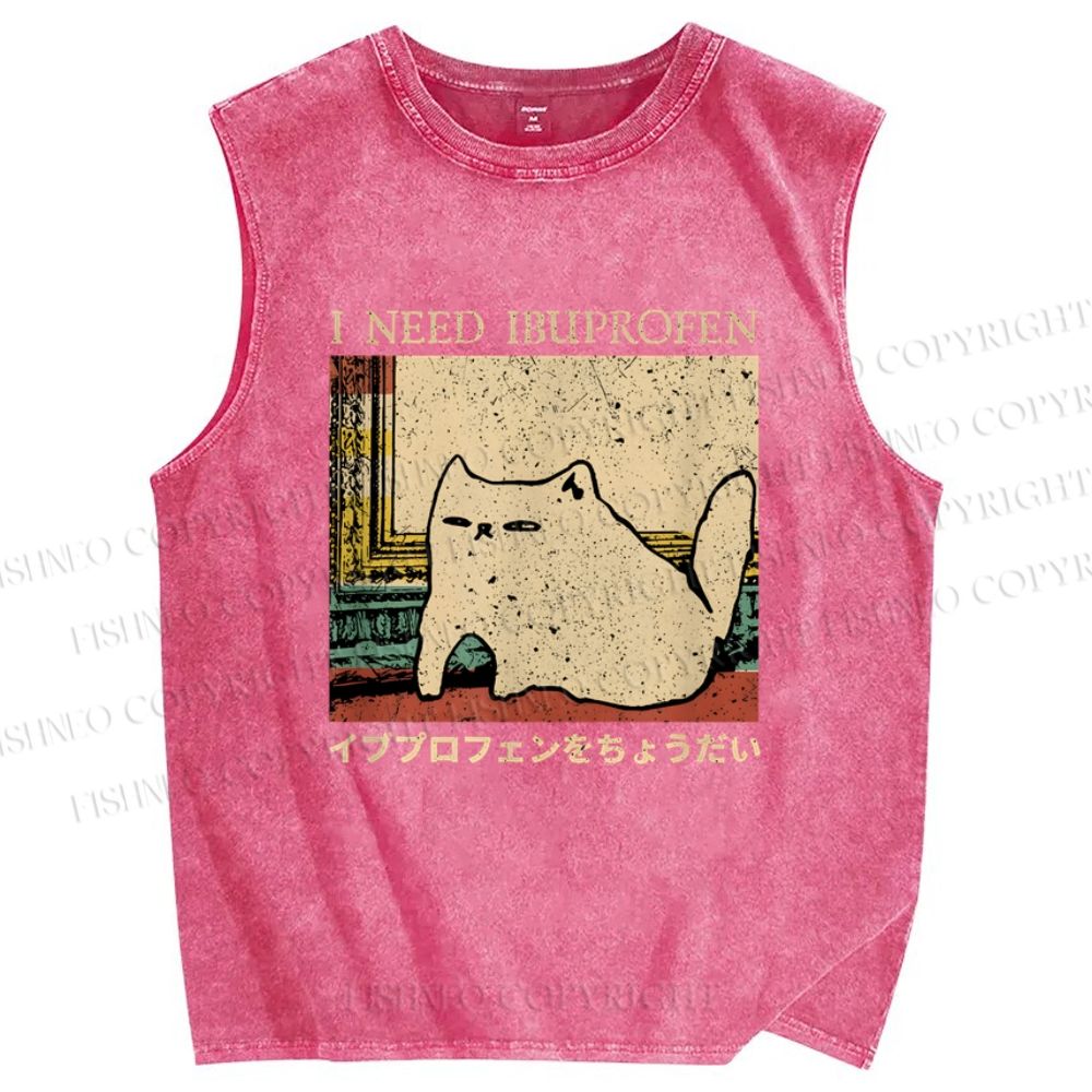 Unisex I Need Ibuprofen Cat Printed Washed Tank Top