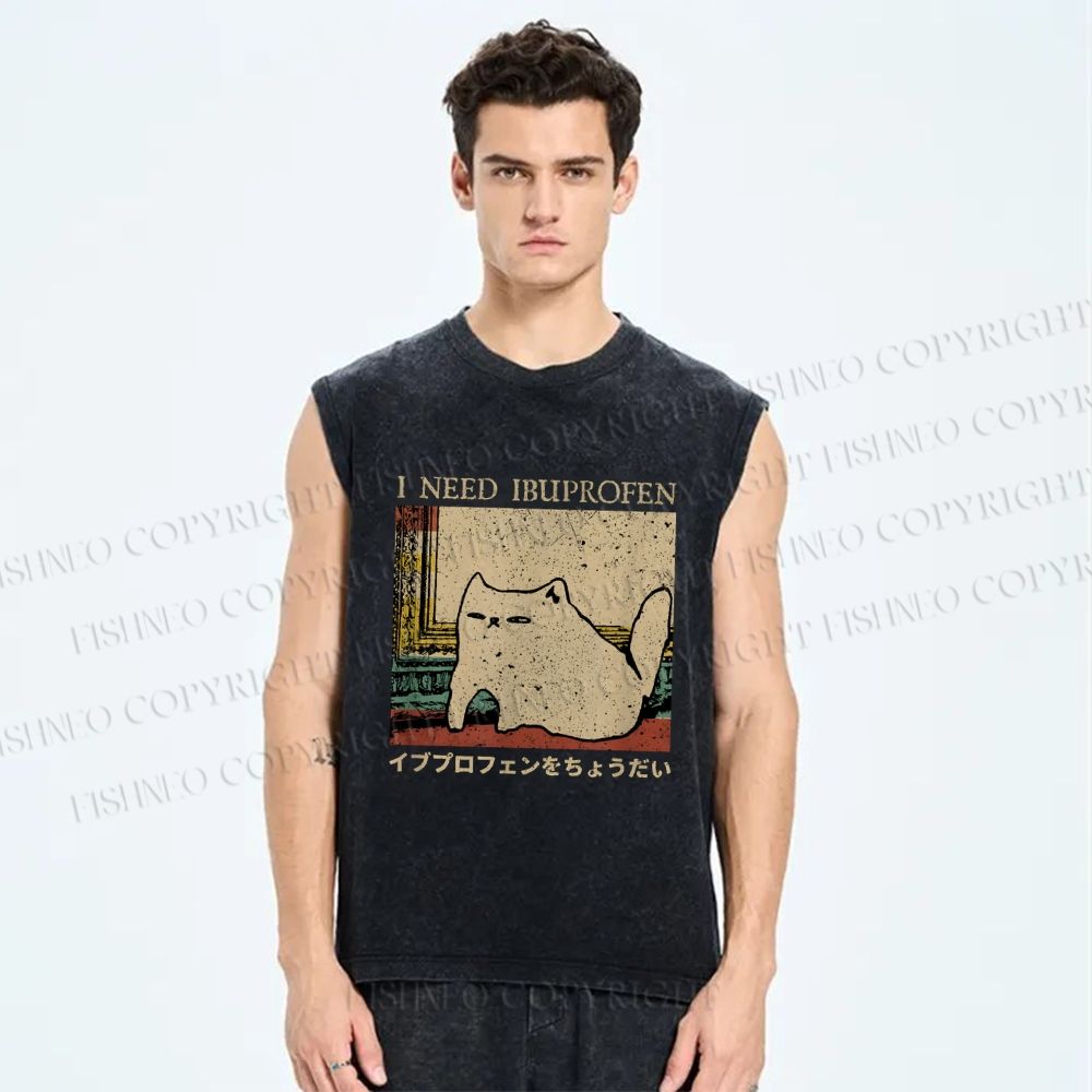 Unisex I Need Ibuprofen Cat Printed Washed Tank Top