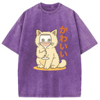 Kawaii Cat with Wine Glass Face Washed T-Shirt
