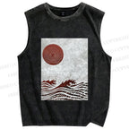 Unisex Wave And A Sun Printed Washed Tank Top