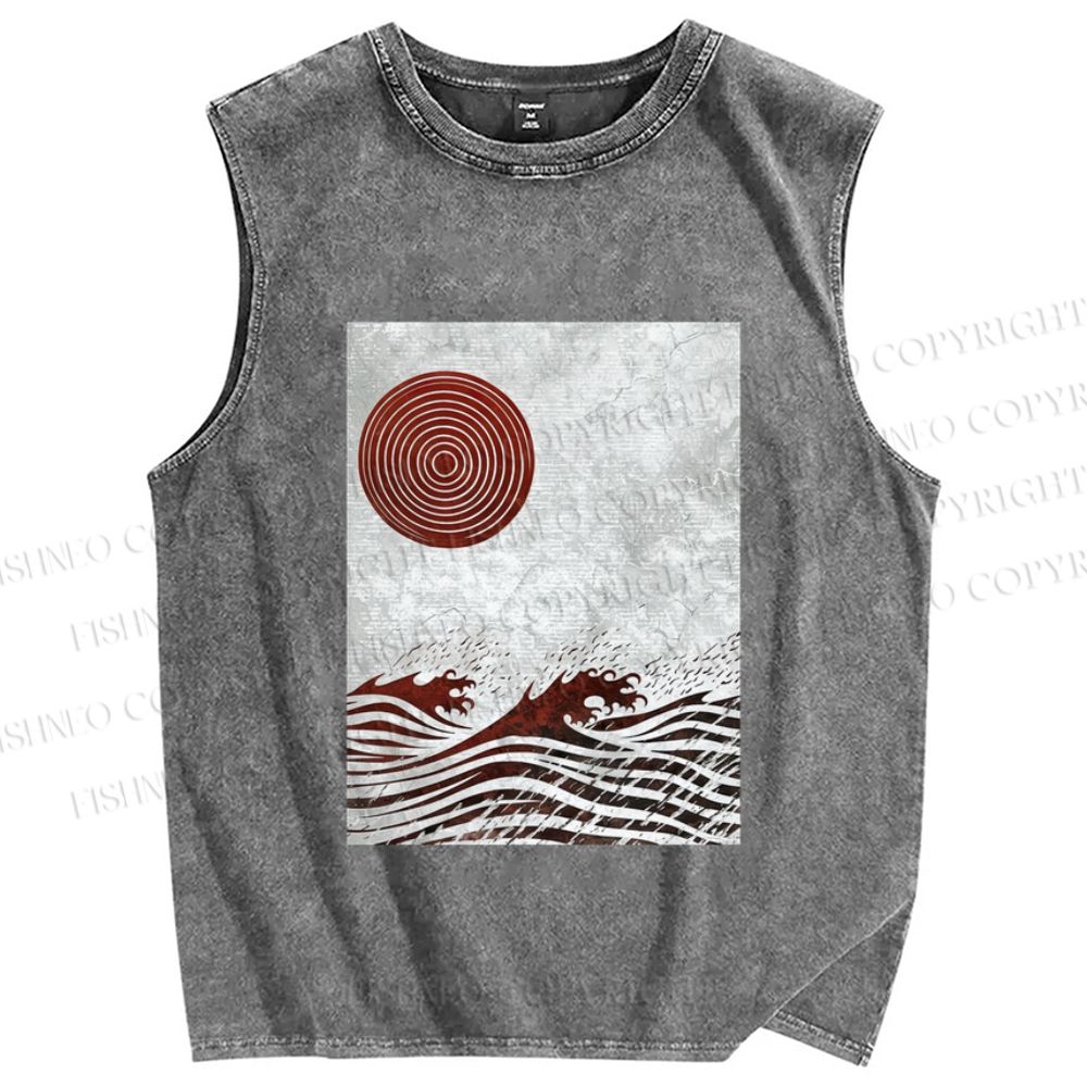 Unisex Wave And A Sun Printed Washed Tank Top