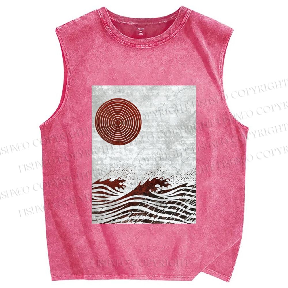 Unisex Wave And A Sun Printed Washed Tank Top
