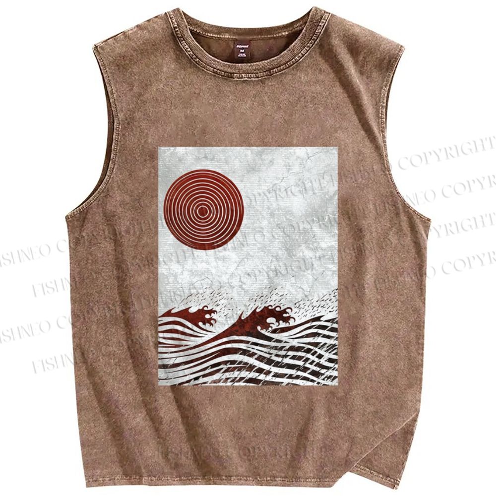 Unisex Wave And A Sun Printed Washed Tank Top