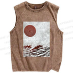 Unisex Wave And A Sun Printed Washed Tank Top