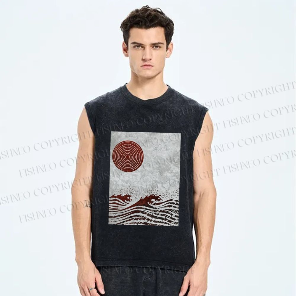 Unisex Wave And A Sun Printed Washed Tank Top