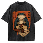 Funny Ukiyoe Frog drinking coffee on books Vintage Washed T-shirt