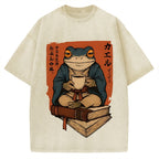 Funny Ukiyoe Frog drinking coffee on books Vintage Washed T-shirt