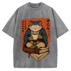 Funny Ukiyoe Frog drinking coffee on books Vintage Washed T-shirt