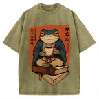 Funny Ukiyoe Frog drinking coffee on books Vintage Washed T-shirt