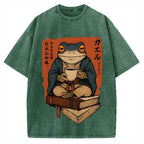 Funny Ukiyoe Frog drinking coffee on books Vintage Washed T-shirt